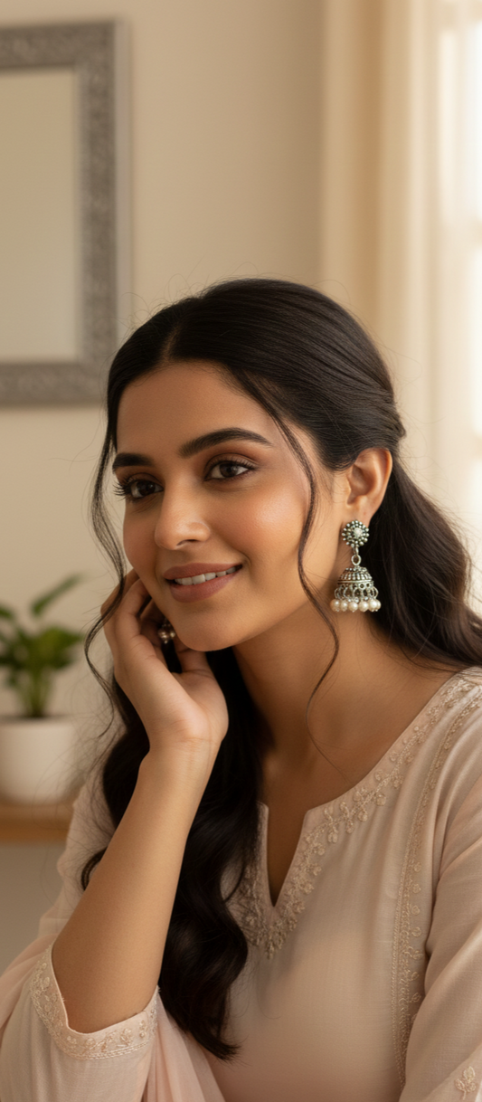 Oxidized Silver Pearl Jhumka